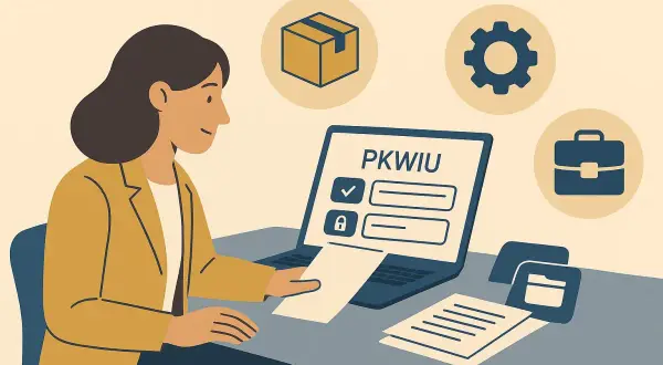 Kobieta przy laptopie z napisem PKWIU, ikony: paczka, koło zębate, teczka.